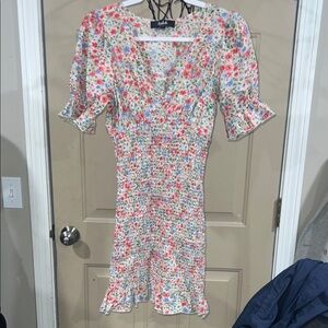 Floral Smocked Mini Dress in Cream with Pink & Blue Blossoms